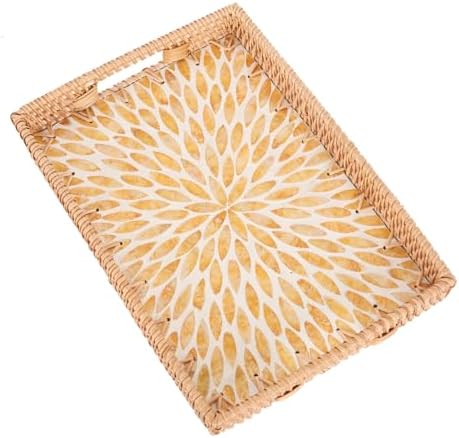 Rectangle Rattan Tray with Mother of Pearl Inlay, Rattan Serving Tray with Handle for Coffee, Bread, Fruits, Snacks, Decorative Wicker Tray for Table Decor (Rectangle Amber Leaf, 13"×9") by Tynulox