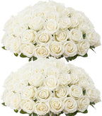 50 PCS Fake White Roses, Artificial White Flowers Bulk, Silk Faux Roses by Jefuzh
