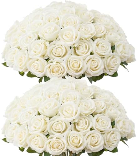 50 PCS Fake White Roses, Artificial White Flowers Bulk, Silk Faux Roses by Jefuzh