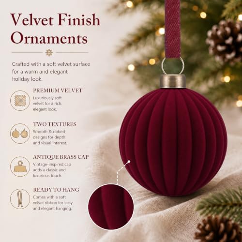 Pinkunn 24 Pcs Velvet Burgundy Christmas Ball Ornaments 2.36 Inch - Image 4