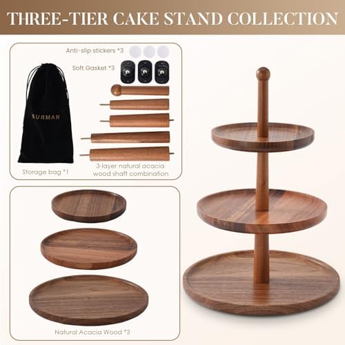 BURMAN Cupcake Stand Dessert Table Display Set – 2 in 1 Adjustable Height Rustic Natural Acacia Cupcake Holder Round Wood Tray – Three Tiered Serving Stand with Rotating Wheels, Anti Slip Stickers - Image 4
