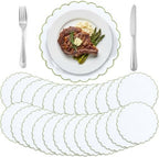 Set of 24 White Cotton Placemats 15" Round Scalloped Green by Gandeer