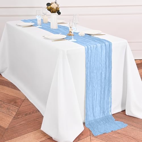 24 Pack Light Blue Table Runner 10Ft Cheesecloth Table Runner Rustic Gauze Table Runners Romantic Long Sheer Fabric Cheese Cloth Table Runners for Wedding Party Bridal Baby Shower - Image 4