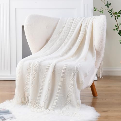 BATTILO HOME Cream Throw Blanket for Couch, Bedroom Decor Boho Throw Blanket, Decorative White Blanket Throw for Sofa Living Room, 50"x60" - Image 2