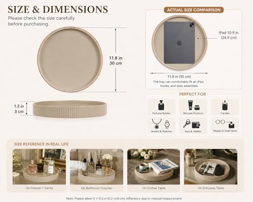 KINGFOM Round Decorative Tray, PU Leather Vanity Tray Organizer with Gold Trim for Dresser, Coffee Table & Bathroom Counter, Modern Home Decor Jewelry & Perfume Tray for Men Women (Beige) - Image 2