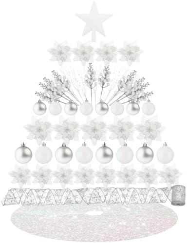 Realspring 72 Pieces Christmas Tree Ornament Set Xmas Assorted Decorations Bulk Glitter Poinsettia Berry Picks Topper Star Sequin Tree Skirts for Home Wreaths Holiday Party Favors (White) by Realspring
