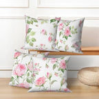 Pink Roses Throw Pillow Covers Blooming Floral Set of 4 Vintage Countryside Small Flower Green Leaves Linen Square Pillowcases for Couch Sofa Bedroom Patio Farmhouse Chair 26x26 Inch - Image 5