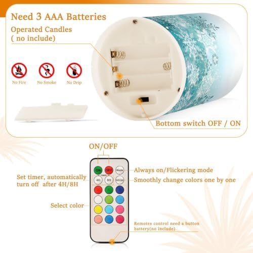 Silver Winter Teal Turquoise Snowflakes Christmas Flickering Flameless Candles Battery Operated with Remote Timer,Tea Light Candles LED Pillar Votive Candles set of 2 for Outdoor Indoor Decorations - Image 4