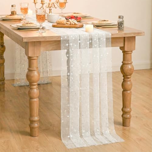 Artoid Mode 6PC Silver Stars White Gauze Table Runner 120 Inch 10FT, Reversible Glitter Sheer Dining Wedding Holiday Birthday Table Decor for Home Party - Image 3
