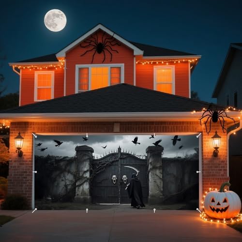 Large Halloween Garage Door Banner 7x16ft Skull Gate Black Crows Spooky Halloween Garage Door Cover for 2 Car Scary Night Party Decorations for Outside Banners Photography Backdrop - Image 3