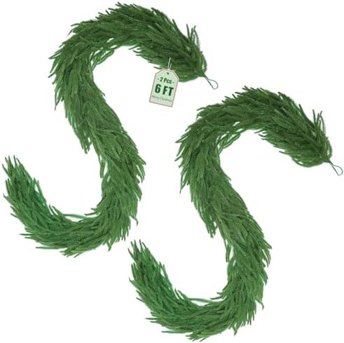 【Extra Full】 2Pcs 6FT Christmas Norfolk Pine Garland, Total 12ft Greenery Real Touch Decorations for Mantle Table Staircase Fireplace Mantel Porch Holiday Home Faux Xmas Indoor Outdoor Decor by Tixiquns