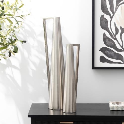 Deco 79 Metal Decorative Vase Centerpiece Vases with Handles, Set of 2 Flower Vases for Home Decoration 17", 22"H, Silver - Image 3