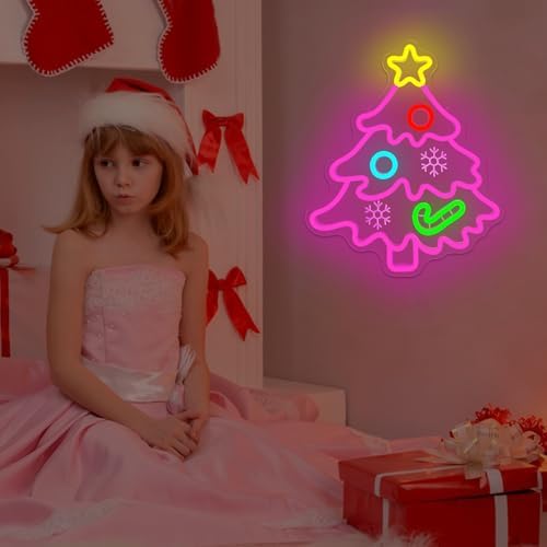 Christmas Neon Sign Pink Christmas Tree Neon Sign for Wall Decor Xmas Tree Led Sign with Candy Xmas Pink Tree Neon Light Up Signs for Bedroom Window Holiday Door Xmas Party Home Decoration Winter Porch - Image 7