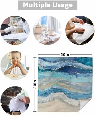 Blue Coastal Cloth Napkins Set of 8, Holiday Napkins for Baby Shower, Spring Summer Ocean Beach Nautical Sea Wave Washable Reusable Dinner Napkins for Cocktail Wedding Party, 20 x 20 Inch - Image 5