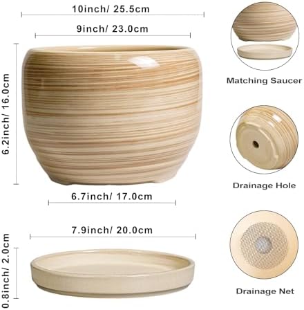 SQOWL Ceramic Plant Pot - 10 Inch Large Planter with Drainage Hole and Saucer, Round Modern Planter for Indoor Plant Outdoor, Decorative Ceramic Flower Pot, Porch Decor, Garden Gift for Women, Yellow - Image 3