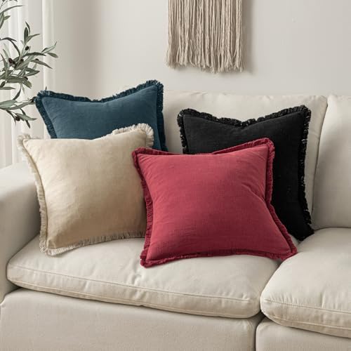 MIULEE Boho Linen Fringe Decorative Throw Pillow Covers Burgundy 18x18 - Image 5
