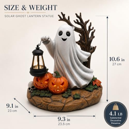 Solar Halloween Ghost Figurine Light, Lighted Resin Ghost Statue with Lantern and Pumpkins, Outdoor Garden Decor for Porch, Yard and Patio, Seasonal Landscape Decoration - Image 4