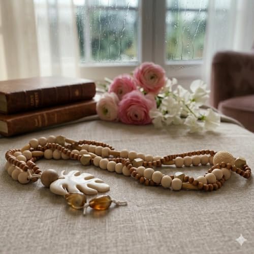 Laju Handmade Tiana - Brazilian Wood Bead Garland with Monstera Leaf - 25" Organic Boho Home Decor & Coffee Table Styling Accessory - Image 4