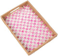 Rectangle Rattan Tray with Mother of Pearl Inlay, Rattan Serving Tray with Handle for Coffee, Bread, Fruits, Decorative Wicker Tray for Table Decor (Rectangle Pink Checkerboard, 13"×9") by Tynulox
