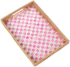 Rectangle Rattan Tray with Mother of Pearl Inlay, Rattan Serving Tray with Handle for Coffee, Bread, Fruits, Decorative Wicker Tray for Table Decor (Rectangle Pink Checkerboard, 13"×9") by Tynulox
