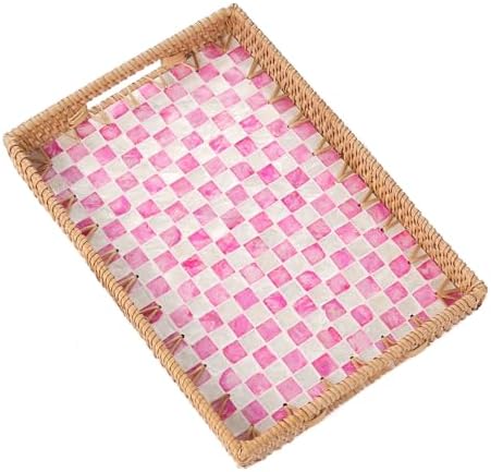 Rectangle Rattan Tray with Mother of Pearl Inlay, Rattan Serving Tray with Handle for Coffee, Bread, Fruits, Decorative Wicker Tray for Table Decor (Rectangle Pink Checkerboard, 13"×9") by Tynulox