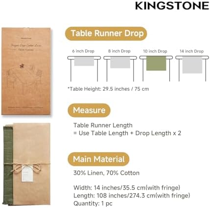 KINGSTONE 14 x 108 Inches Frayed Edge Table Runner, 270G Heavyweight Sand Washed Slub Texture Cotton Linen for Modern Farmhouse, Rustic Home Decorations Dining Room Wedding Boho Decor, Moss Green - Image 2