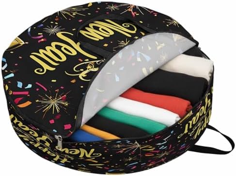 Happy New Year Round Storage Bag 36 Inch, Celebrate Firework Colored Ribbon Clothes Storage Container with Handles Heavy Duty Organizer for Comforter, Bedding & Holiday Wreaths by Unknown
