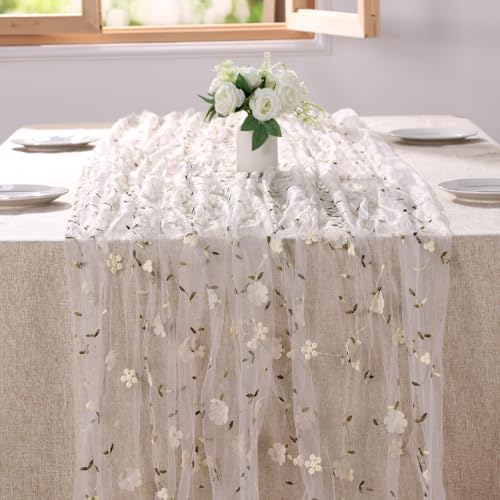 6 Pack Embroidery Floral Table Runner Rustic Spring Summer Wildflower Tulle Table Runner Vintage Flower Tabletop Runners for Home Kitchen Wedding Party Decoration, 108x24.5 Inch (Apricot Flowers) - Image 7