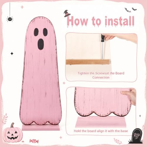 Novabright 30.2 H Halloween Pink Ghost Porch Sign Standing Wooden Decor - Image 3