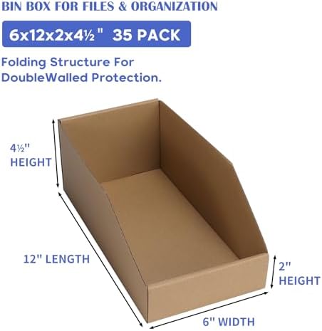 EXYGLO Cardboard Storage Bins 35 Pack, 12x6x4.5 Inch Cardboard Boxes, Corrugated Organizer Bins for Pantry, Shelves, Garage, Office, Shop, Brown - Image 2