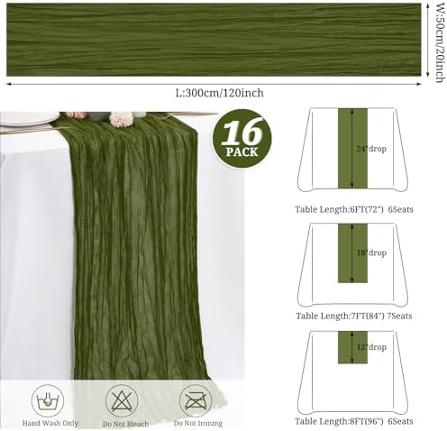 16 Pack Olive Green Cheesecloth Table Runners, 20x120 Inch - Image 3