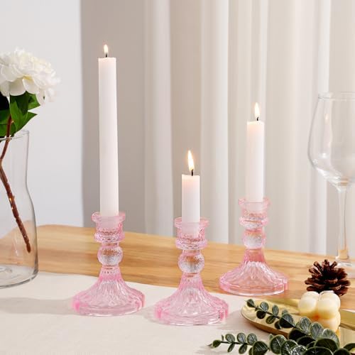 Glass Candle Holders Set, Vintage Decorative Design,Elegant Table Candlesticks Set for Dining Room,Wedding, Spring Party, Romantic Dinner, Festival & Windowsill Decor (12, Light Pink, XZS) - Image 7