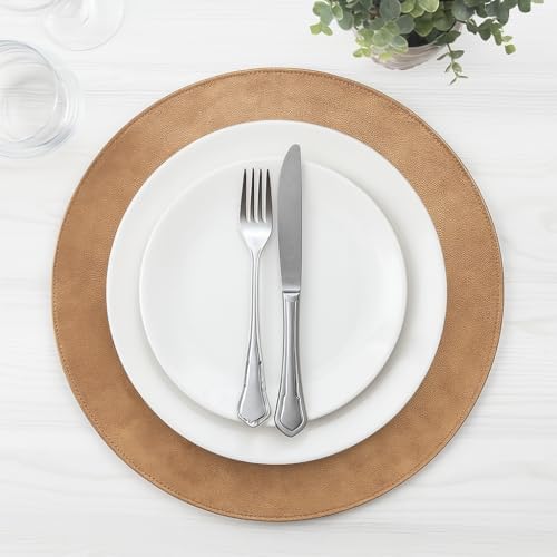 Morgan Faux Leather Round Set of 12 Placemats, 15", Camel, Heat Resistant, Stain Resistant, Non-Slip, Reversible, Durable Table Mats for Kitchen, Dining Table, Indoor Washable Use by Homewear