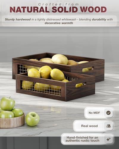 Set of 2 Wooden Countertop Baskets with Sturdy Wire Mesh & Handles - Image 3