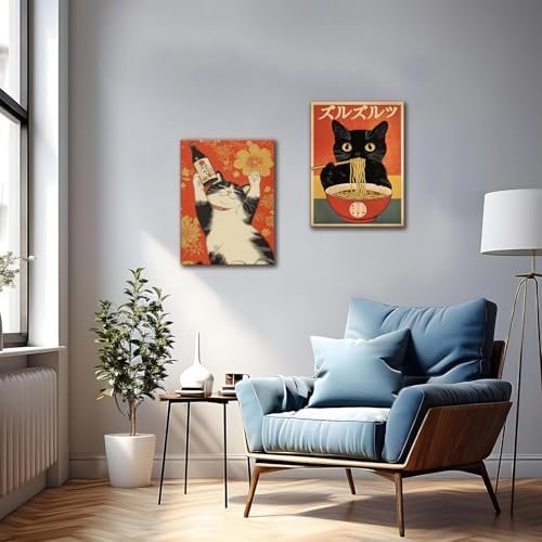Framed Funny Black Cat Canvas Wall Art Set of 2, Vintage Japanese Cat Eating Ramen Poster, Unique Gifts and Cat Lover Printing Picture, for Living Room Kitchen Dining Room Wall Decor 16x24 inch - Image 2