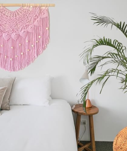 Youngeast Large Macrame Wall Hanging Boho Beaded Curtain for Window Macrame Bedroom Headboard Living Room Wall Art Tassel Tapestry Bohemian Woven Wall Decor 31" W X 25" H (Pink) - Image 5