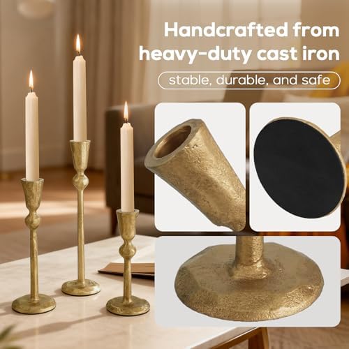Set of 3 Antique Brass Taper Candle Holders Iron Candlestick Holder - Image 3