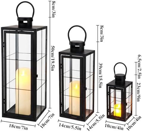 TRIROCKS Metal Candle Lantern Set of 3 - Assorted Sizes (9/15.5/19.5 Inch) - Tall Decorative Hanging Lanterns with Tempered Glass Panels Indoor & Outdoor Home Decor for Parties & Events - Black Finish - Image 2