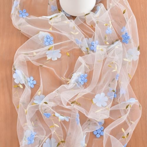 Blue Wildflowers Table Runner Gauze Floral Birthday Party Home Table Decor - Image 5