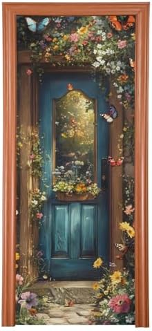 Burbuja Spring Flower Wood Door Cover, Stretch Fabric Backdrop Door Porch Covers for Home Party Holidays Decoration, 35x79 in by Burbuja