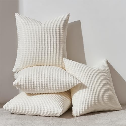 Topfinel 24x24 Inch Small Throw Pillow Covers Pack of 4 for Living Room Couch Bed Soft Corduroy Windmill Textured Boho Striped Patchwork Pillow Covers House Decor,Cream by Topfinel