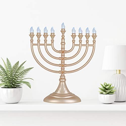 13" Traditional Gold LED Electric Hanukkah Menorah Powered by Battery or USB Chanukkiah Plastic - 4' Micro USB Cable Included Chanukah Lights Minorah Matte Gold - Image 6