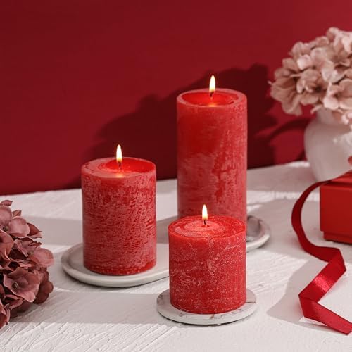 3x6 Inch Bright Red Pillar Candles Set of 3 - Hand-Poured Unscented Candles, Long Clean Burning, Large Big Candle, Smokeless Dripless Candle for Dinner Table, Wedding, Home, Rustic Decor - Image 4