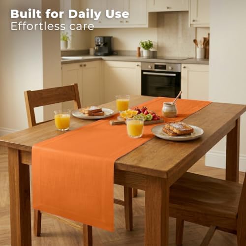 Easy Linen™ by D'Moksha, Linen-Look Texture, Recycled Fabric Table Runner, Orange, 14 x 120 Inch, Wrinkle Resistant, Machine Washable - Fall, Everyday Dining - Image 3