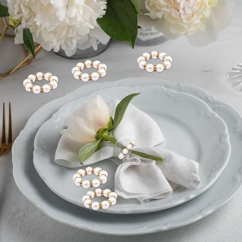 120 Pcs Pearl Napkin Rings Imitation Pearl Beaded Napkin Rings Holder Gold White Disposable Napkin Rings Beaded Serviette Buckles for Wedding Home Party Dinner Table Decor and Daily Use - Image 5