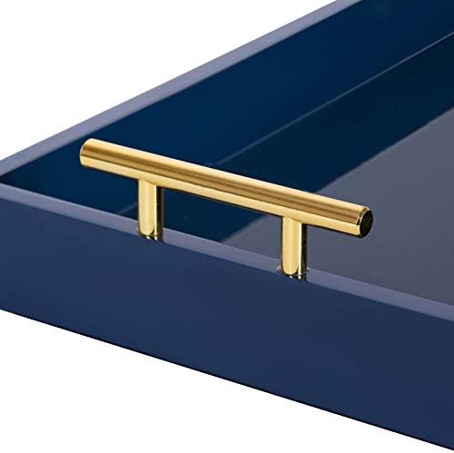 Kate and Laurel Lipton Narrow Decorative Tray with Polished Metal Handles, 10" x 24", Navy Blue and Gold, Chic Accent Tray for Display and Storage - Image 3
