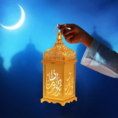 NEEDOMO Ramadan Decorations,14" LED Ramadan Lantern, Ramadan Decorations for Home, Vintage Gold Metal Candle Lantern with Lights, Remadan Decor for Table, Wall, Indoor Outdoor - Image 6