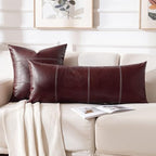 Fancy Homi Burgundy Boho Long Lumbar Faux Leather Decorative Throw Pillow Covers 14x36 Inch for Living Room Couch Bed Sofa, Hand Stitched Rectangle Cushion Case, Rustic Modern Farmhouse Home Decor - Image 5