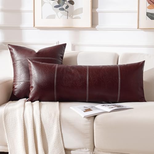Fancy Homi Burgundy Boho Long Lumbar Faux Leather Decorative Throw Pillow Covers 14x36 Inch for Living Room Couch Bed Sofa, Hand Stitched Rectangle Cushion Case, Rustic Modern Farmhouse Home Decor - Image 5