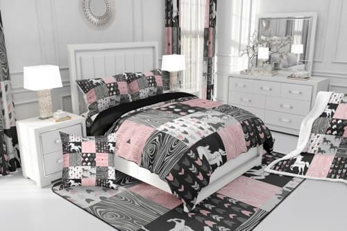 Girls Unicorn Comforter Queen Girly White Horse Bedding Western Cowboy Cowgirls Quilt Patchwork Buffalo Plaid Duvet Insert Arrow Stripes Wild Animal Soft Down Comforter 3Pcs Bedroom Decor,Pink Black - Image 7